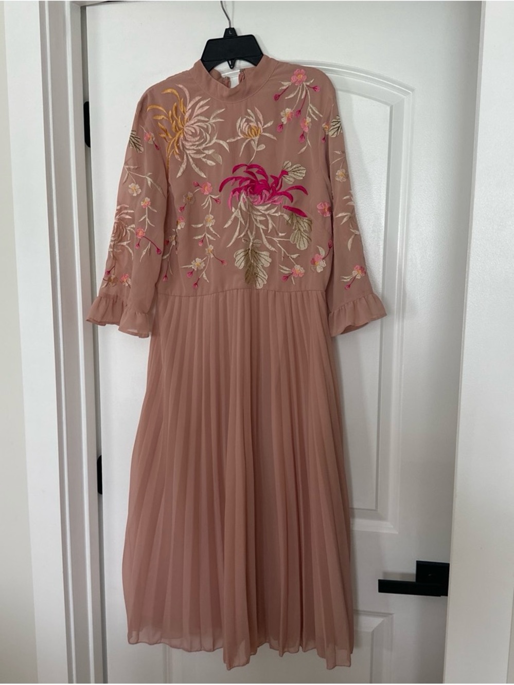 Asos Flutter Sleeve Floral Embroidered Pleated Midi Dress